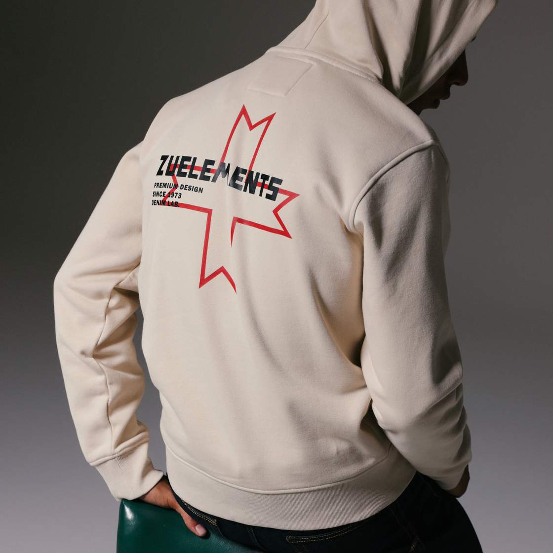 Zu Elements campaign image: a boy seen from behind wearing a hooded sweatshirt.