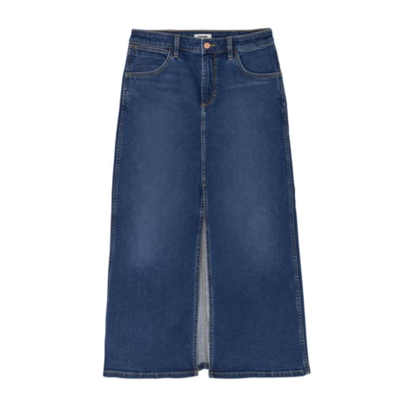 Image of a dark jean skirt with a slit at the front