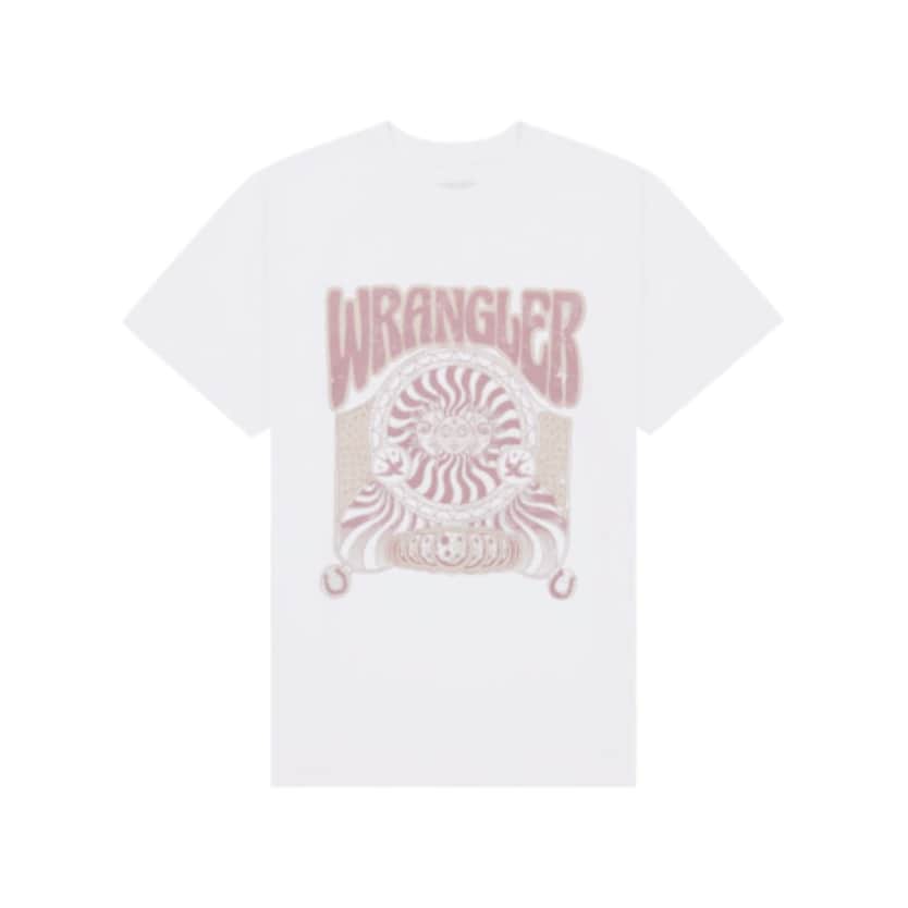 Image of a white t-shirt with red drawing and Wrangler